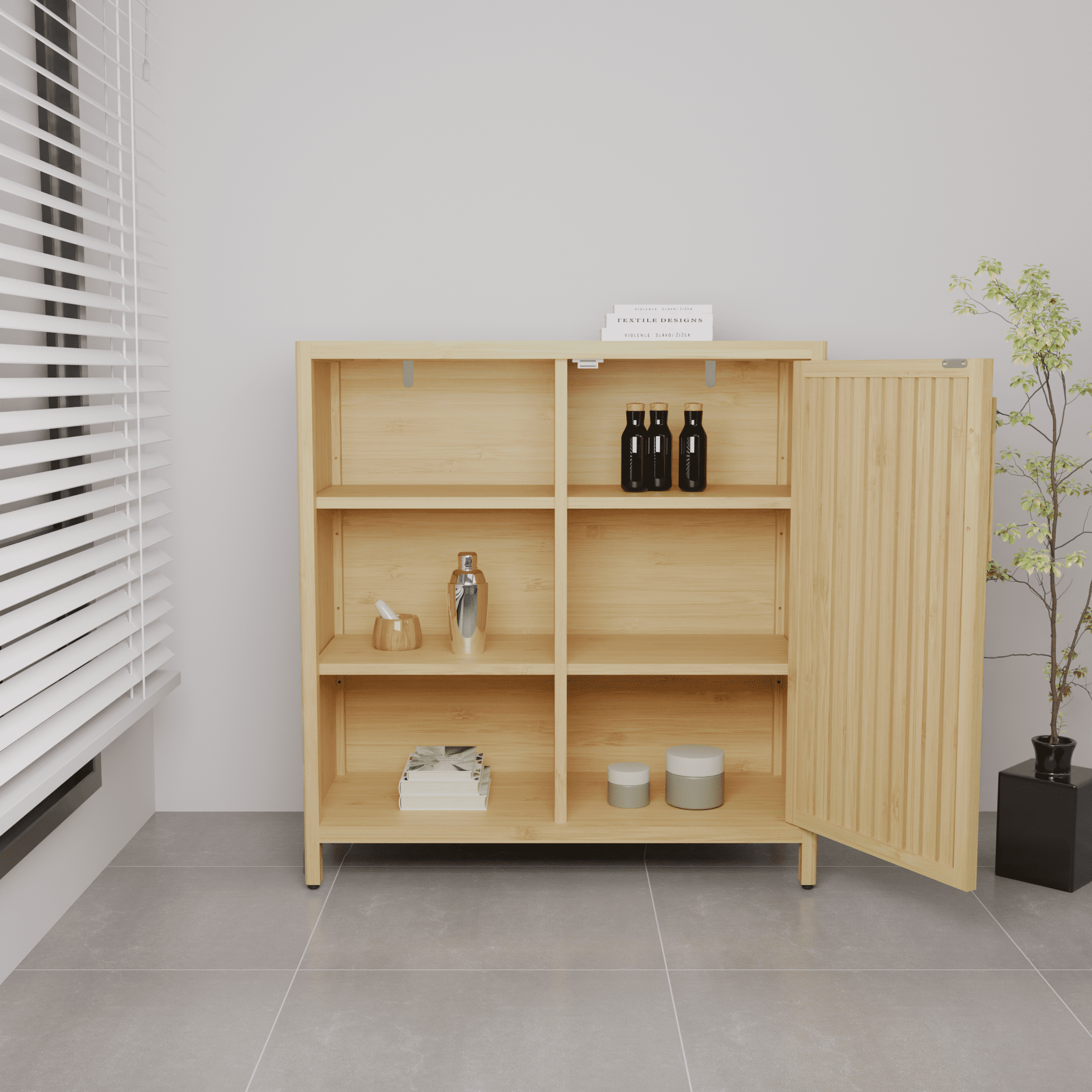 Yoneston Bamboo Shelf Storage Cabinet with Single Door, Home Office 3-Tier Open Shelves for Entryway, Bathroom, Living Room Natural