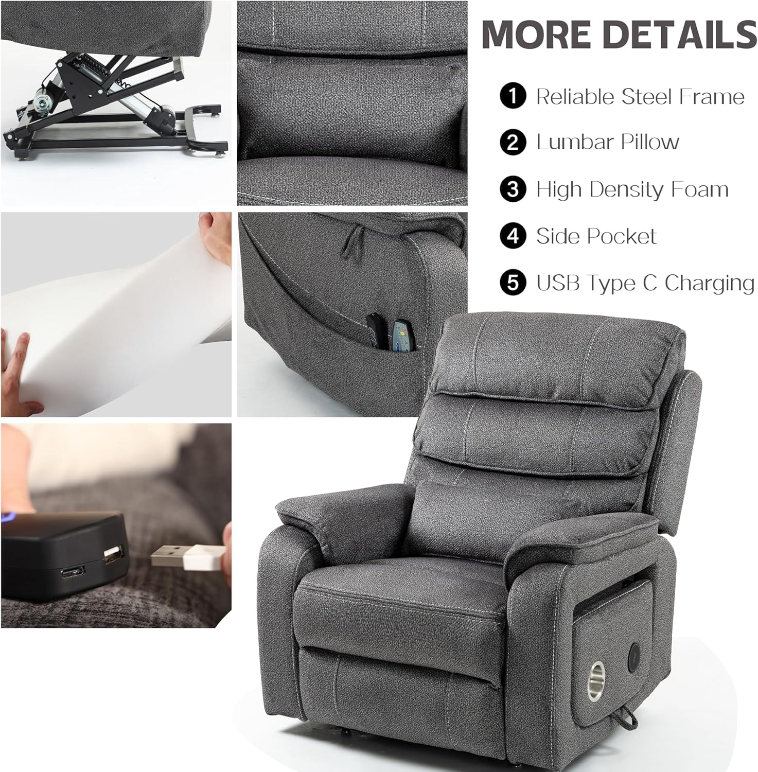 Adults Power Lift and Heat and Massage Recliners with Wireless Charging Device and USB Ports