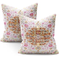 Boho Pillow Covers 18x18 Set of 2,Pink Orange Vintage Throw Pillow Covers Bohemian Carpet Ethnic Floral Print Outdoor Decorative Linen Pillow Covers for Couch Bed Sofa Cushion Boho Pillowcases
