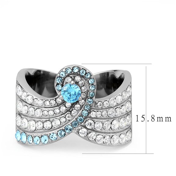 No Plating Stainless Steel Ring with AAA Grade CZ in Sea Blue for Women Sea Blue Stone Color Style TK3572 Size 10