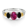 thumbnail image 2 of Gem Stone King 925 Sterling Silver and 10K Yellow Gold Oval Red Created Ruby Black Onyx and White Diamond 3 Stone Ring for Women (2.18 Cttw, Gemstone July Birthstone, Size 8), 2 of 3