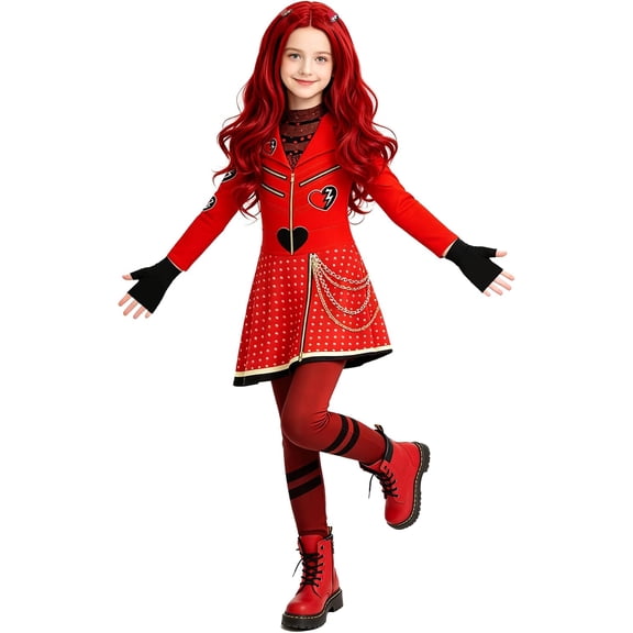 Red Princess Costume Halloween Cosplay Outfit Rocker Jacket Polka Dot Skirt Pink Theme Party Fancy Dress Up Stage Performance Halloween Costume with Wigs