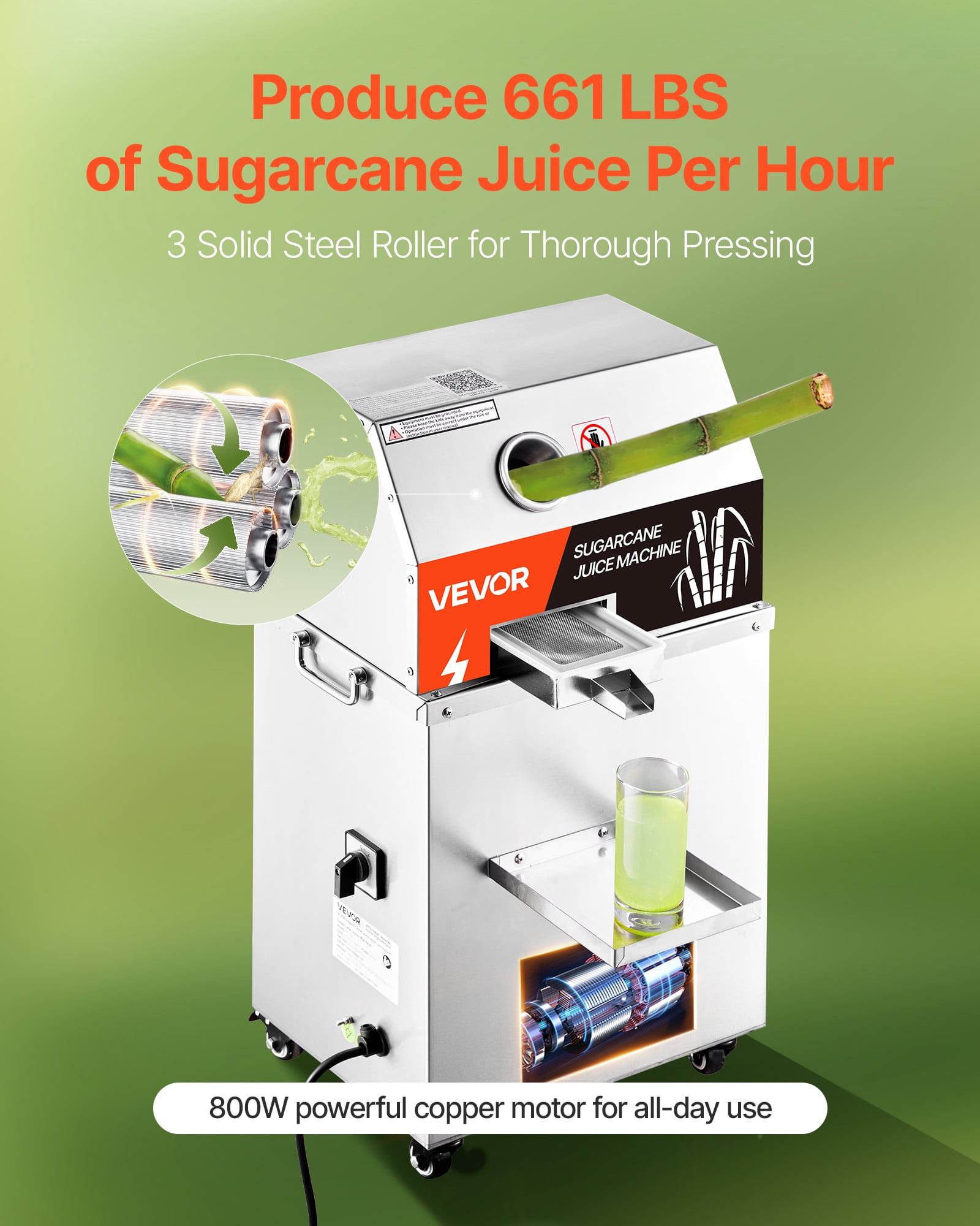 VEVOR Commercial Sugar Cane Juicer,800W Electric Sugarcane Juicer Machine with 661LBS/H High Output,3 Stainless Steel Rollers,Sugar Cane Press Juice Extractor Squeezer on Wheels for Home/Commercial