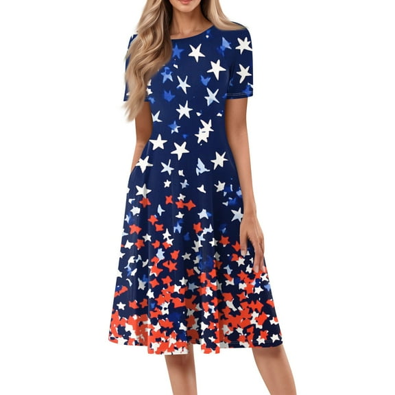 Women's 4th of July Patriotic Dress, Women Loose Fit Round Neck Short Sleeve Dress, Sexy Independence Day American Flag Printed, Mid-Length Bohemian Sundress for Summer Beachwear,Dark Blue M