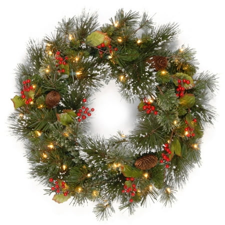 National Tree Wintry Pine Wreath with Cones, Red Berries and Snowflakes, 24-Inch, 50 Clear Lights