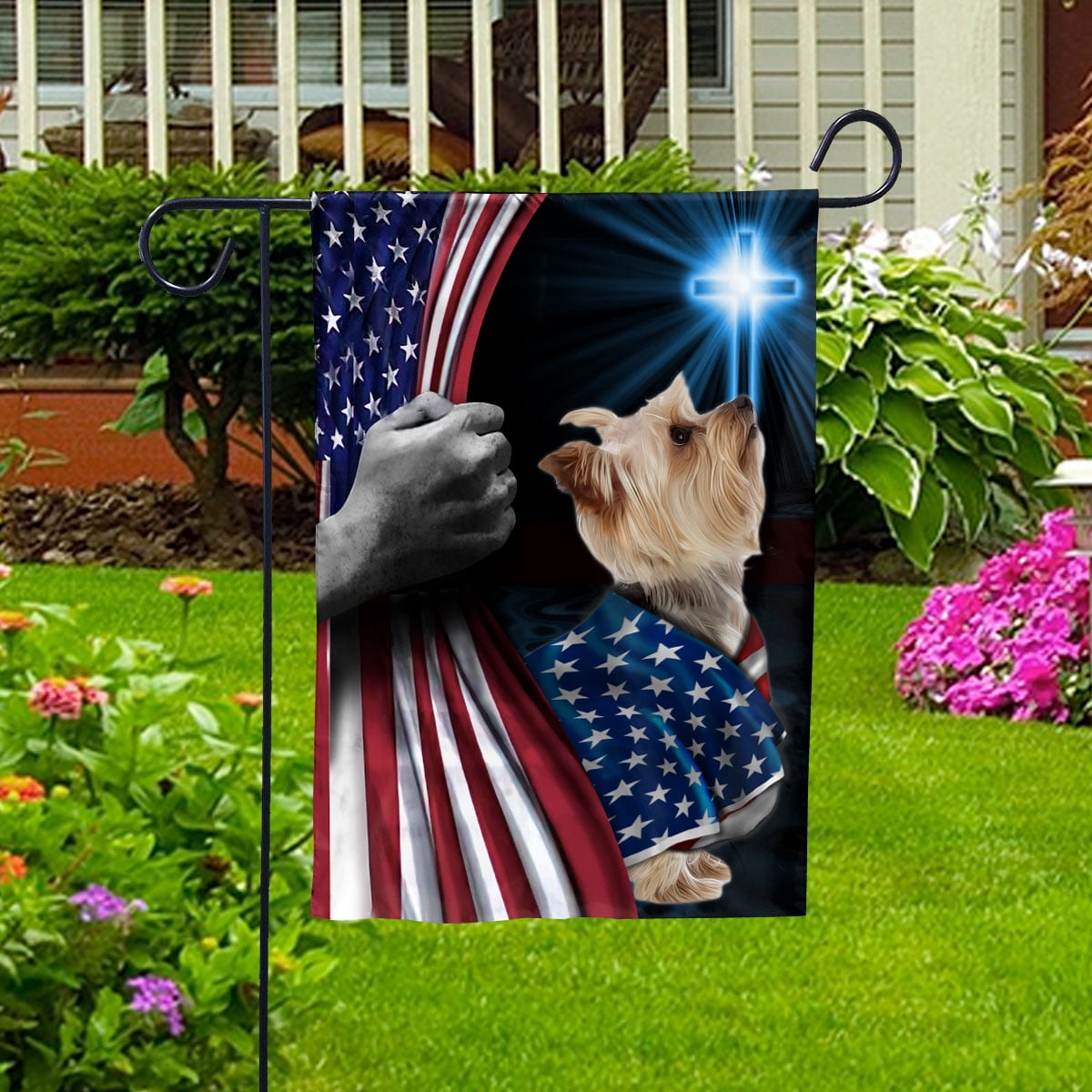 Hand Pulling USA Flag Yorkshire Terrier Dog Wearing Flag American Standing under Cross Christian Patriotic House Flag (12x18) Double Sided-Premium Polyester-Decorative Indoor Outdoor Flag