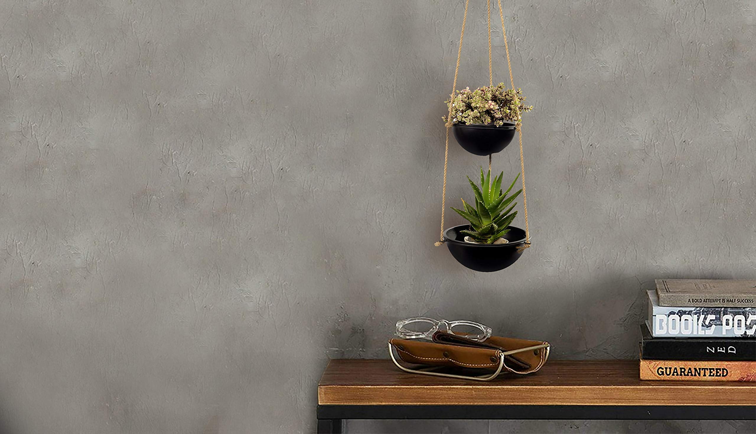 Decorative Indoor Outdoor Hanging Planter with 2 Pots and Jute Rope and Metal Hanger for Hallway Balcony Patio Deck Home Decor in Black Color for Live & Feaux Plants - Set of 2