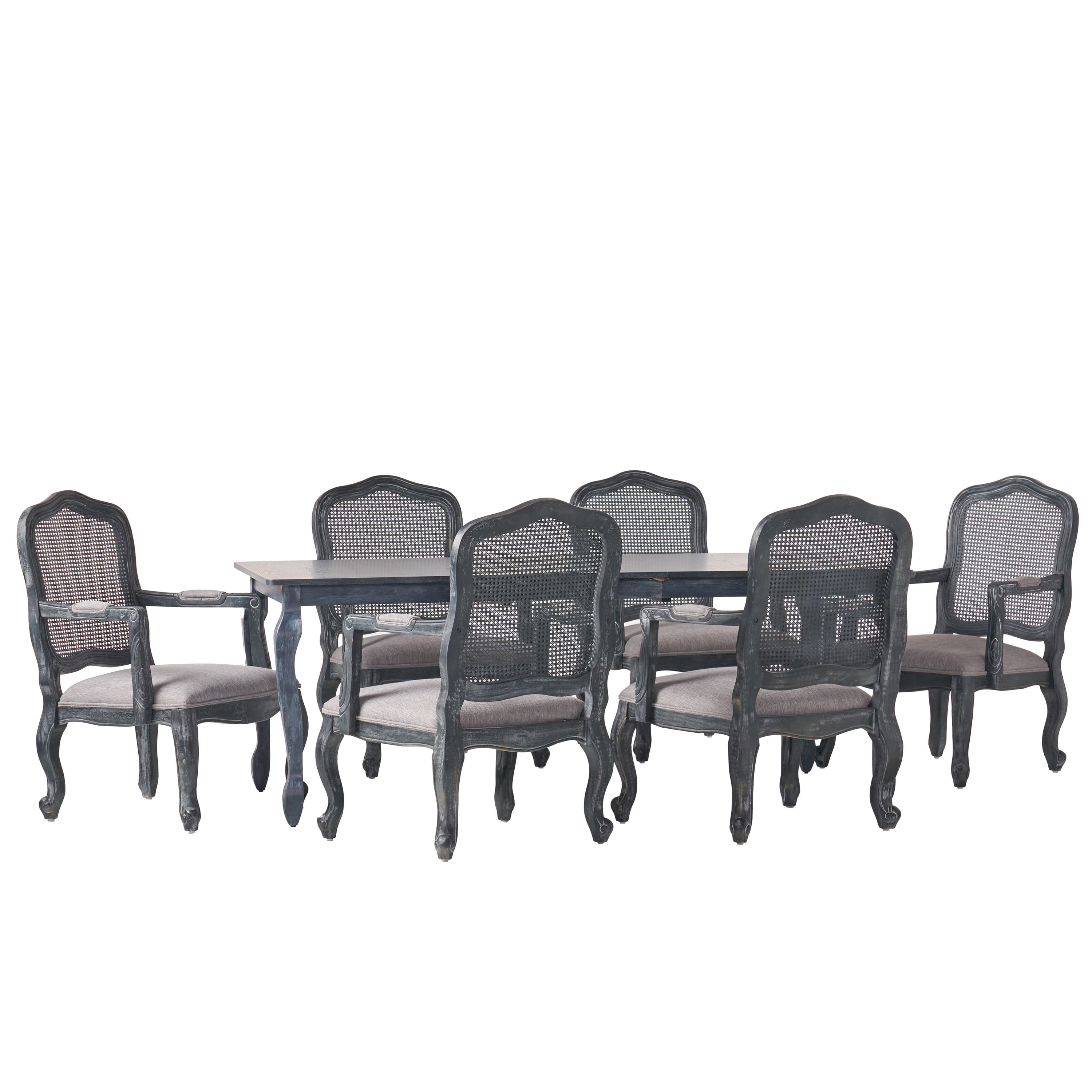 Noble House Birdsong Fabric Upholstered Wood and Cane Expandable 7 Piece Dining Set, Gray