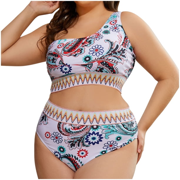 Tops de Bikini para Mujeres Traje de Baño de Bikini de Cintura Alta Floral Dividido de Gran Tamaño 95% Nylon 5% Spandex, Dos Piezas Modestas para la Playa
