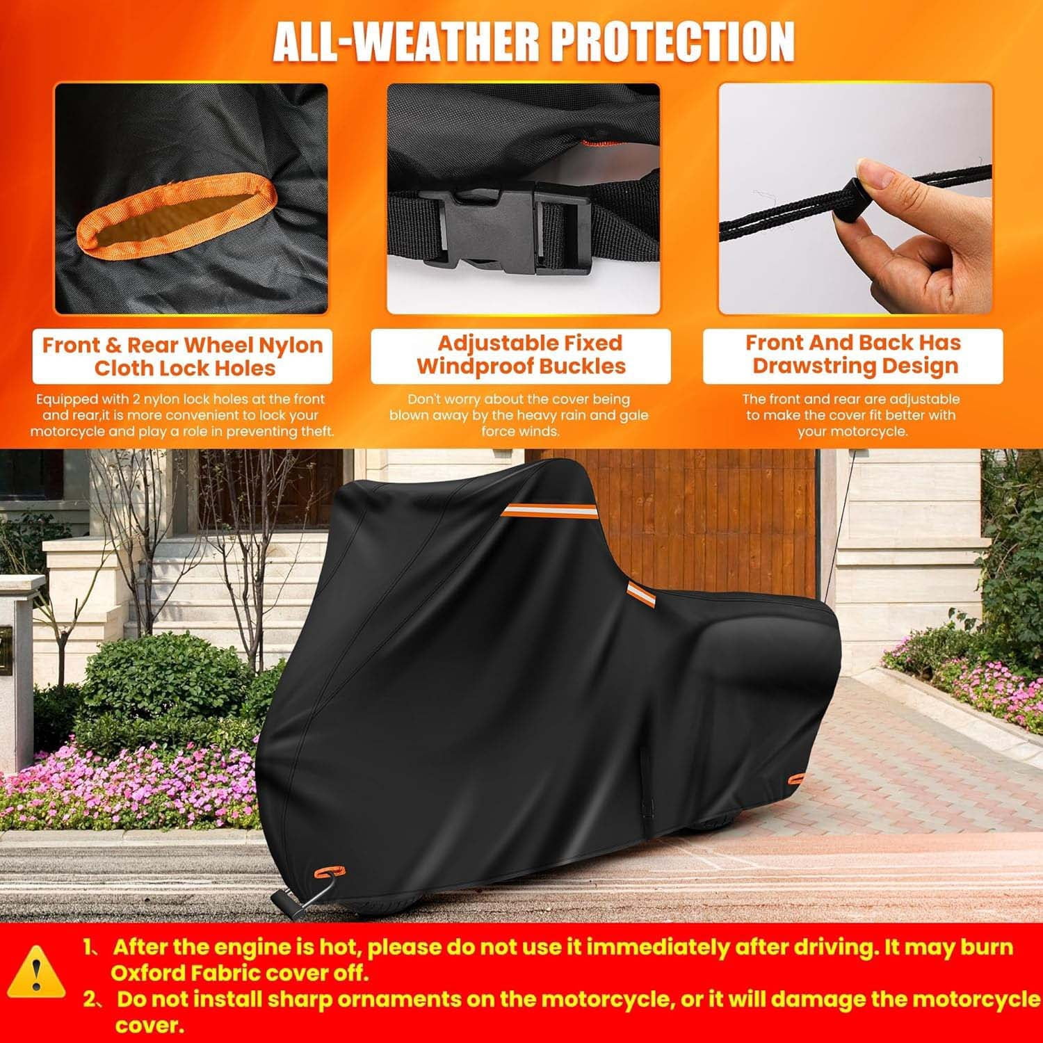 FFORCE Motorcycle Cover 420D Heavy-Duty Touring Model Waterproof UV-Resistant Outdoor Protective Cover Black XL - 110.24 x 37.8 x 54.33 inch