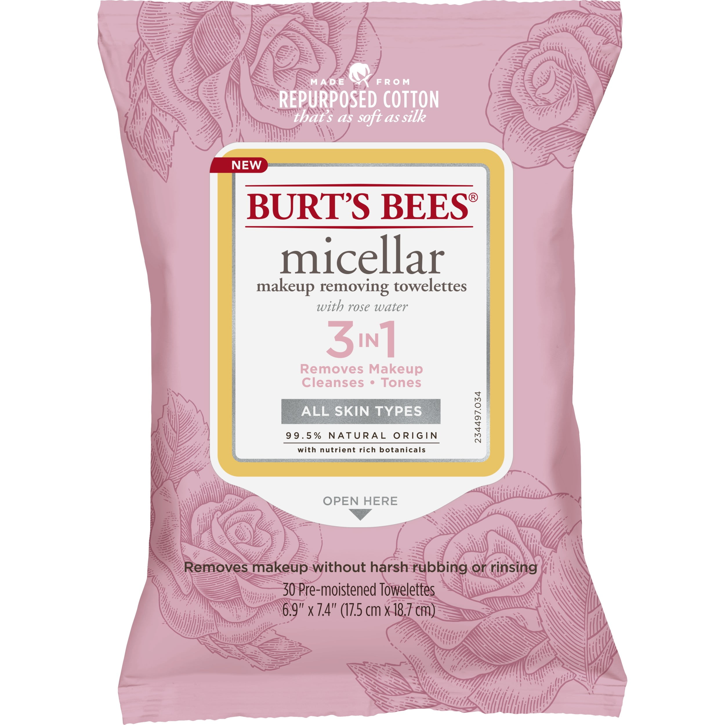Burt's Bees 3 in 1 Micellar Makeup Removing Towelettes, 30 Towelettes