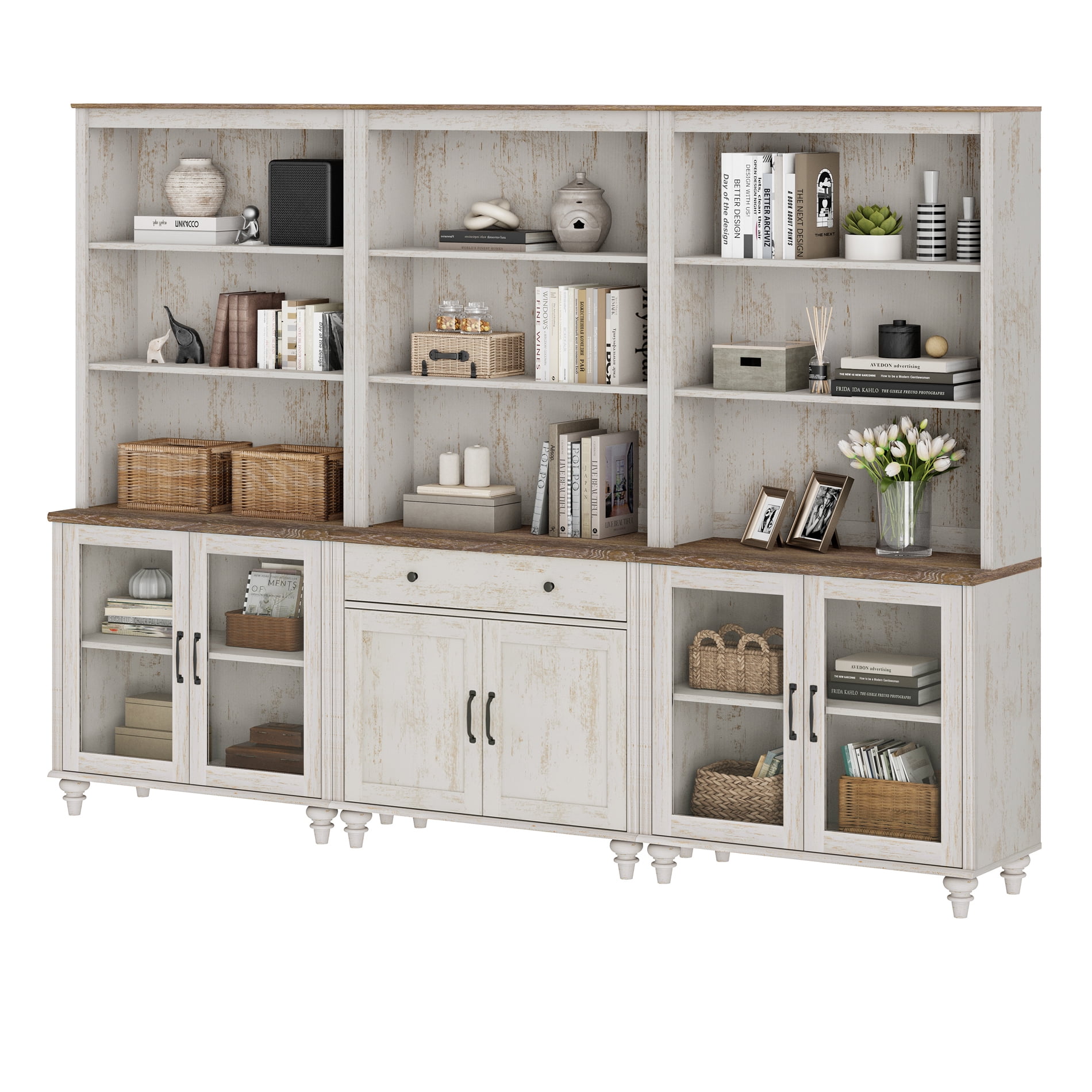 Farmhouse 5 Tier Bookcase With Doors & Drawer, Rustic White, 101.6" W