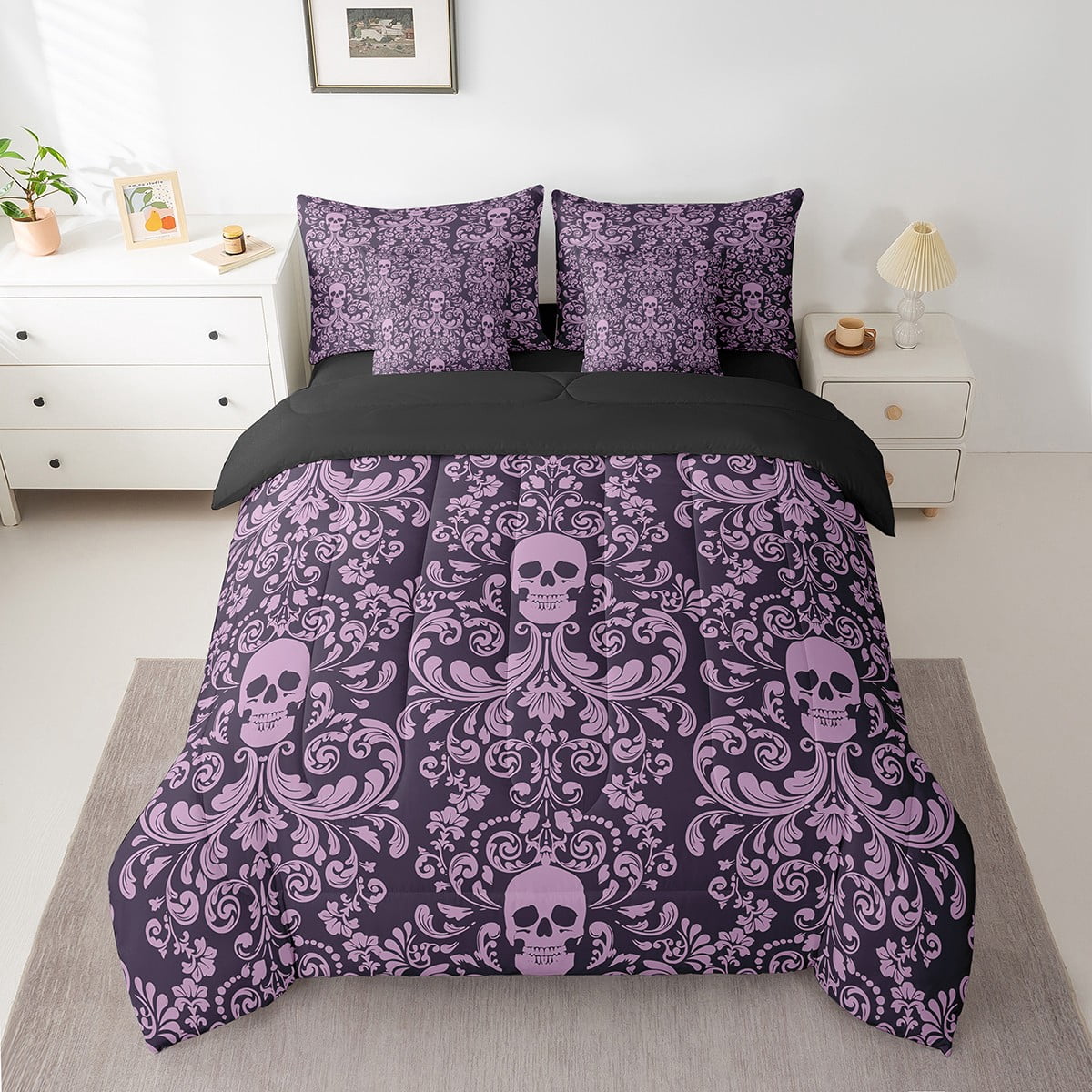 Damask Gothic Bedding Set Adults Antique Victorian Bed in a Bag Queen Comforter Set 7 Piece,Purple Sugar Skull Sheet Set Vintage Baroque Floral Goth Bed Set,Bone Skeleton Bohemian Decor