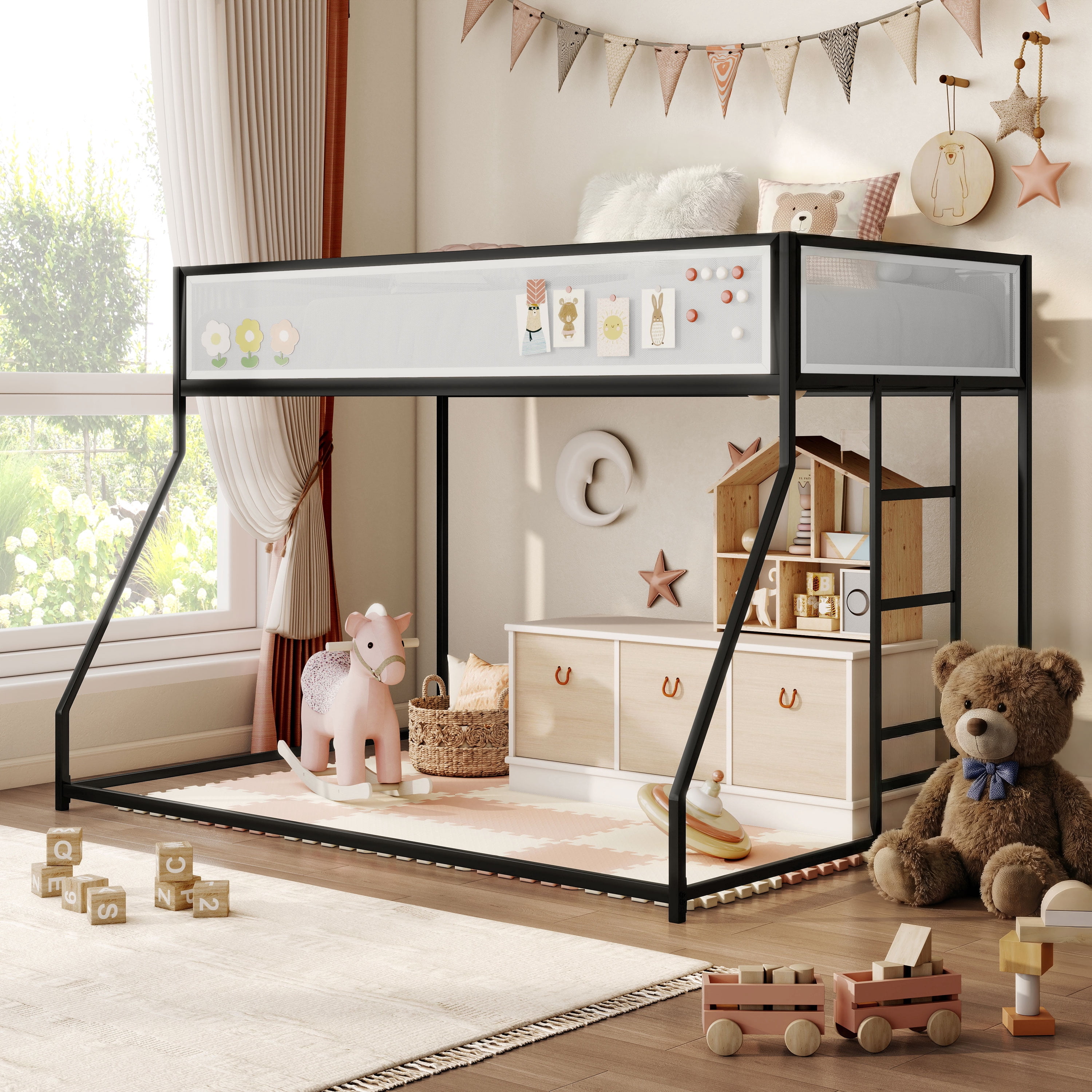 Furniture of America Veric Kids Black Twin Over Full Low Profile Bunk Bed with White Magnetic Mesh Panel