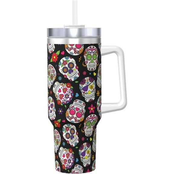 Day Of The Dead Sugar Skull 40 Oz Tumbler With Handle And Straw Lid, Insulated Reusable Stainless Steel Travel Mug Iced Tea Or Coffee, Smoothie And More
