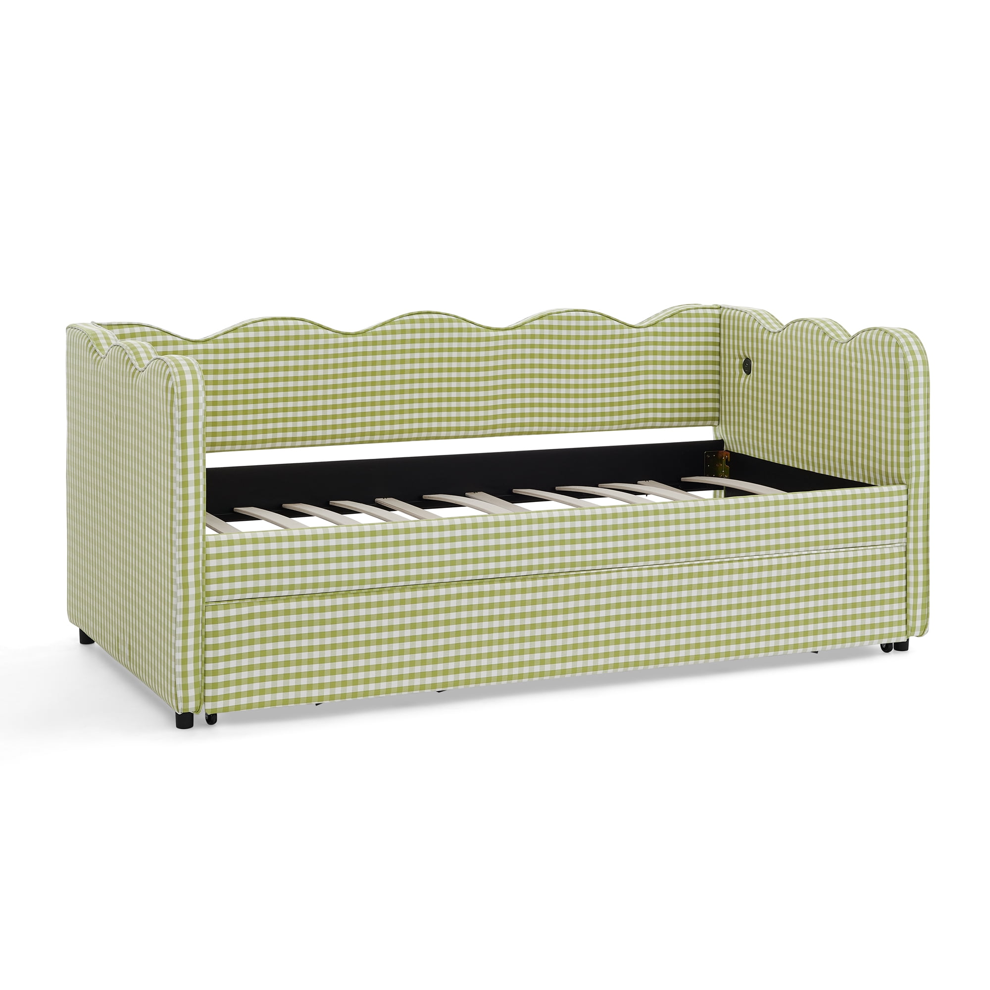 GARITIN Twin Size Daybed with Trundle, Gingham Sofa Bed with USB Port and Wavy Shape Headboard for Kids Room, Green