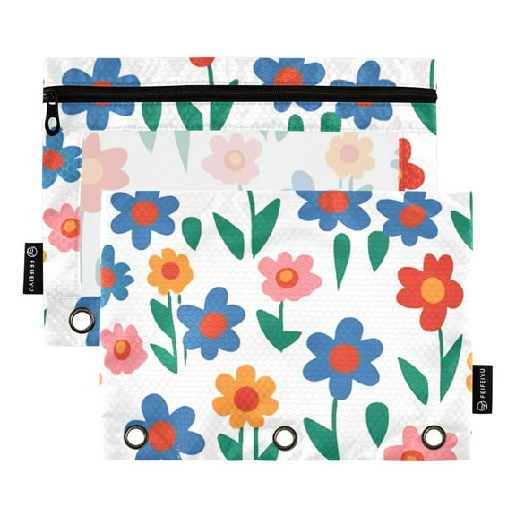 2 Pack Pencil Pouch for 3 Ring Binder Flowers Floral Pencil Case Clear Window Zipper Pencil Bag Organizers