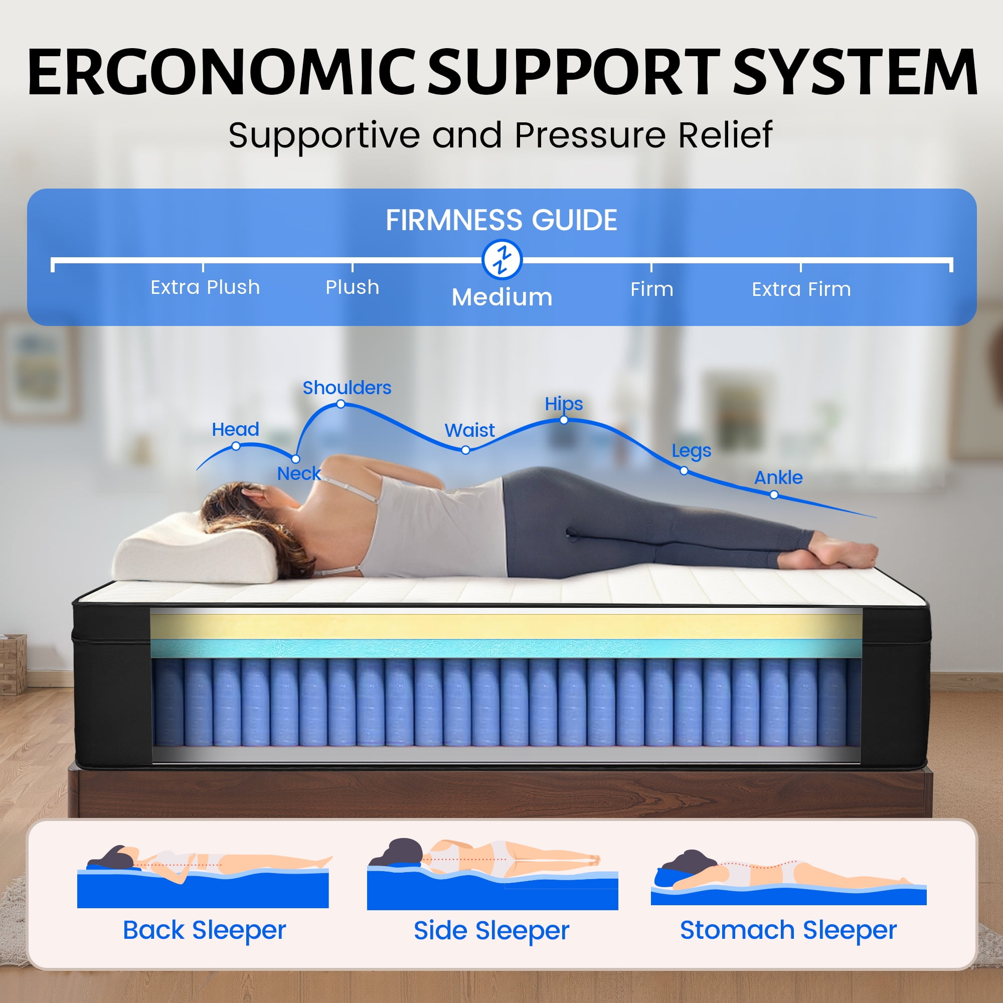 Queen Mattress 10 inch, Hybrid Queen Size Mattress in a Box with Upgrade Innerspring, Pro Black