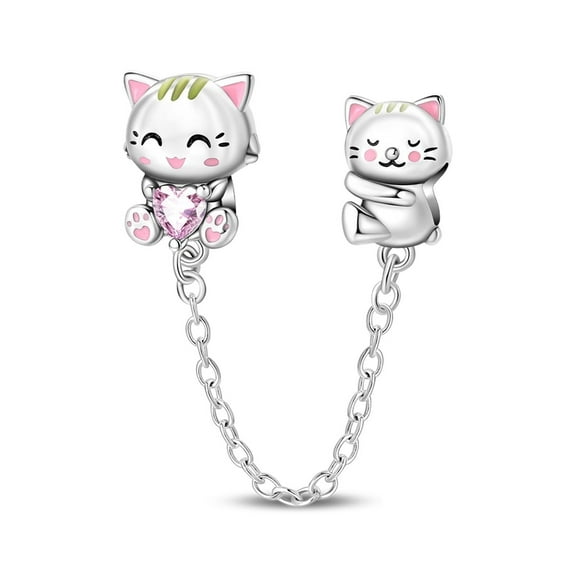 KUNSIR 925 Sterling Silver Cat Couple Safety Chain Charm For Bracelet DIY Bead