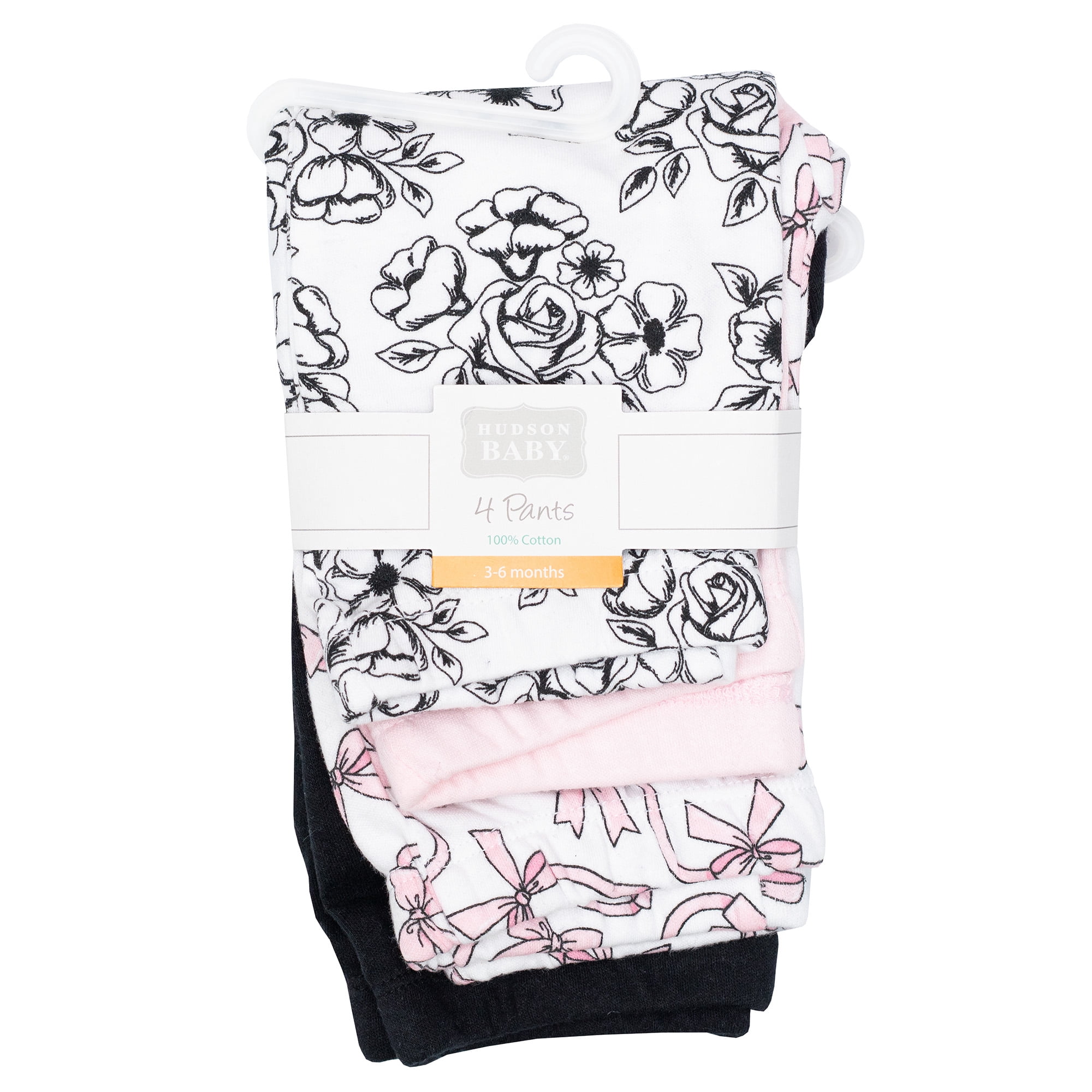 Hudson Baby Girl Cotton Pants and Leggings, Black Toile Pink Bows, 3-6 Months