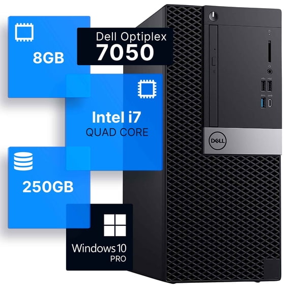 Restored Dell Optiplex 7050 Tower Desktop Computer | Quad Intel i7 (3.4) | 8GB DDR4 RAM | 250GB SSD Solid State | Windows 10 Professional | Home or Office PC