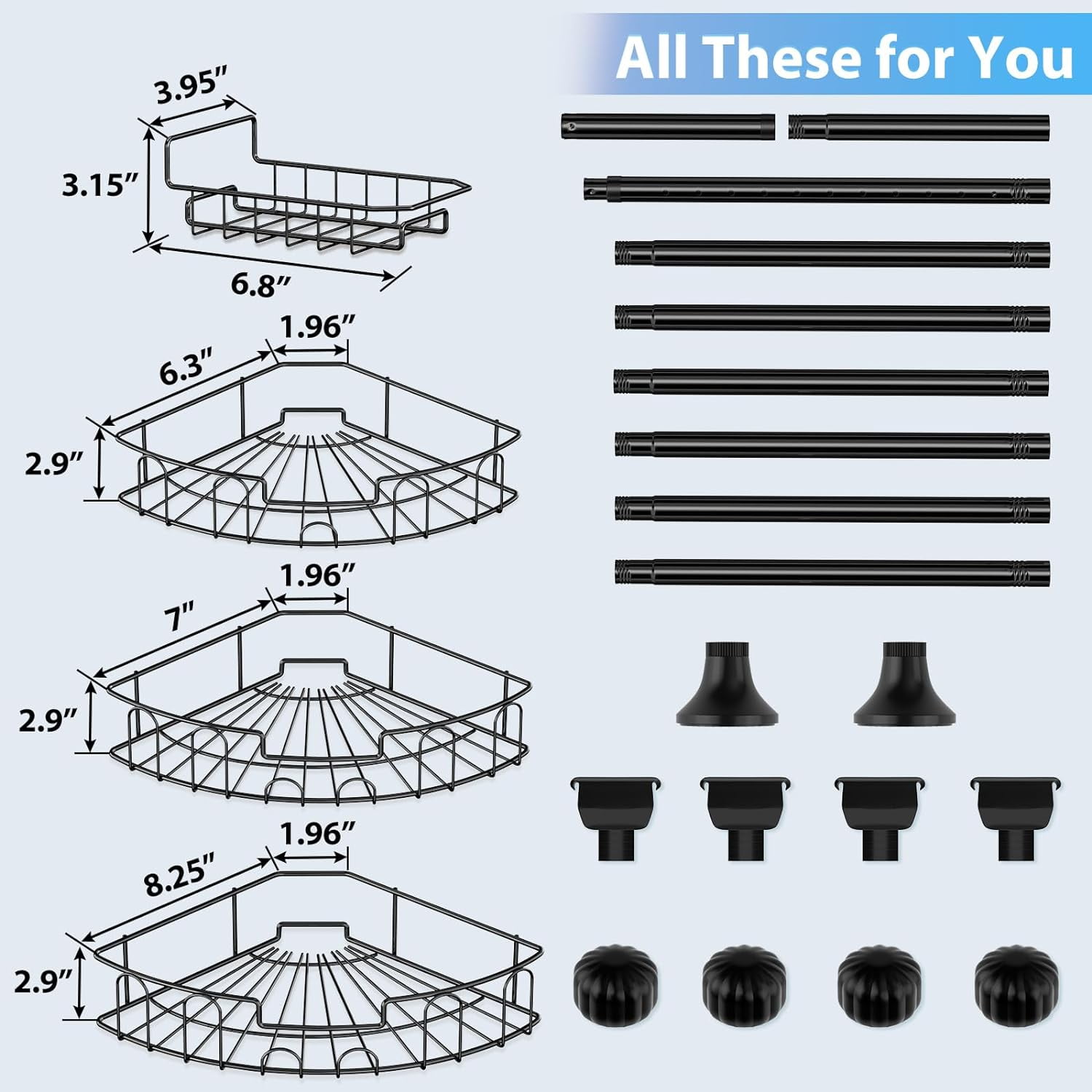 DEROFIT Shower Organizer Caddy 39-125" Stainless Steel Shower Shelves Rack for Inside Shower Bathroom Bathtub Caddy Rustproof Tension Pole Black