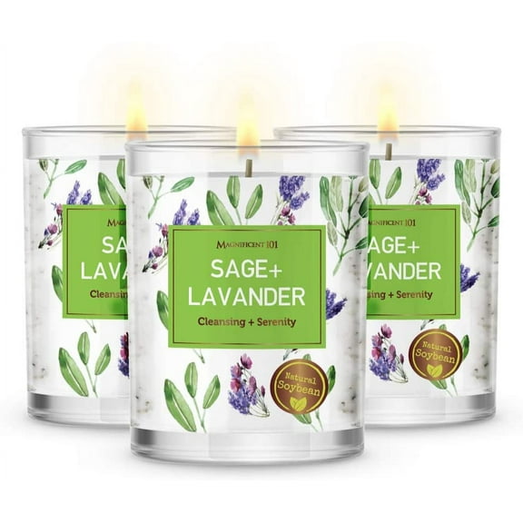 Magnificent 101 Pure Sage and Lavender Set of 3 3.5oz Natural Soy Aromatherapy Cleansing and Serenity Intention Candles