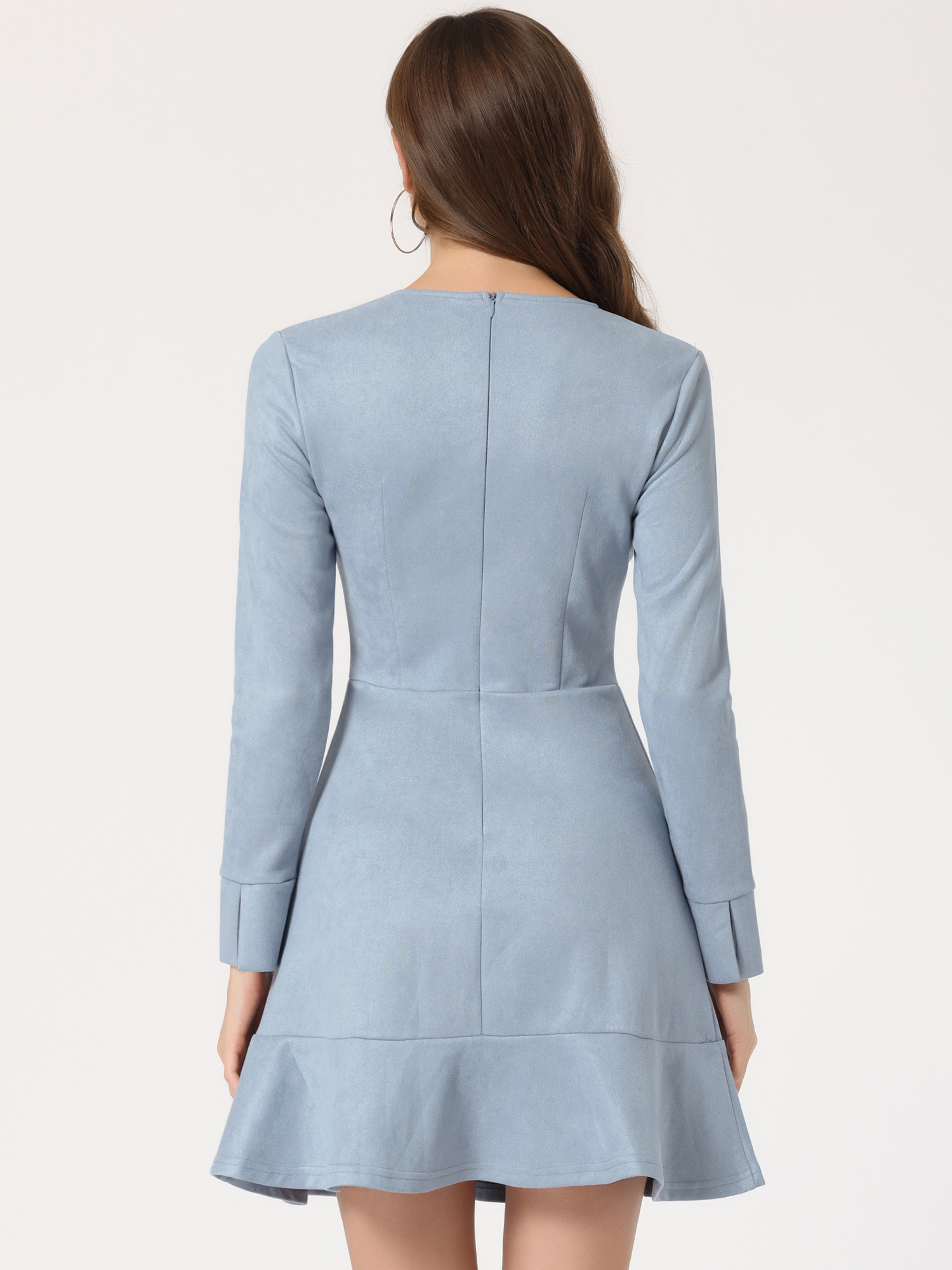 Unique Bargains Women's Faux Suede Ruffle Hem Long Sleeve Mini Dresses S Grey Blue