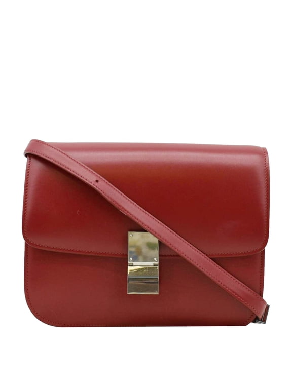 Pre-Owned CELINE Classic Box Medium Leather Flap Shoulder Bag Red