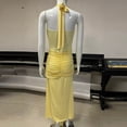 thumbnail image 4 of jtjvou Women's Halter Twist Knot Maxi Dress Draped Ribbon Ruched Cocktail Dress Sheer Mesh Bodycon Formal Dresses Yellow S, 4 of 8