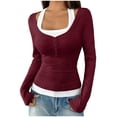 thumbnail image 2 of UQJfacai Womens Long Sleeve Henley T-Shirts Button Ribbed Knit Scoop Neck Slim Fitted Basic Crop Tops Blouse Patchwork Y2k Clothes, 2 of 6