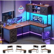 Farmhouse L Shaped Computer Desk with 2 Drawers and Storage Shelves, Reversible 86.6" Gaming Desk with LED Lights, Corner Office Desk for Home Office, Bedroom, Living Room