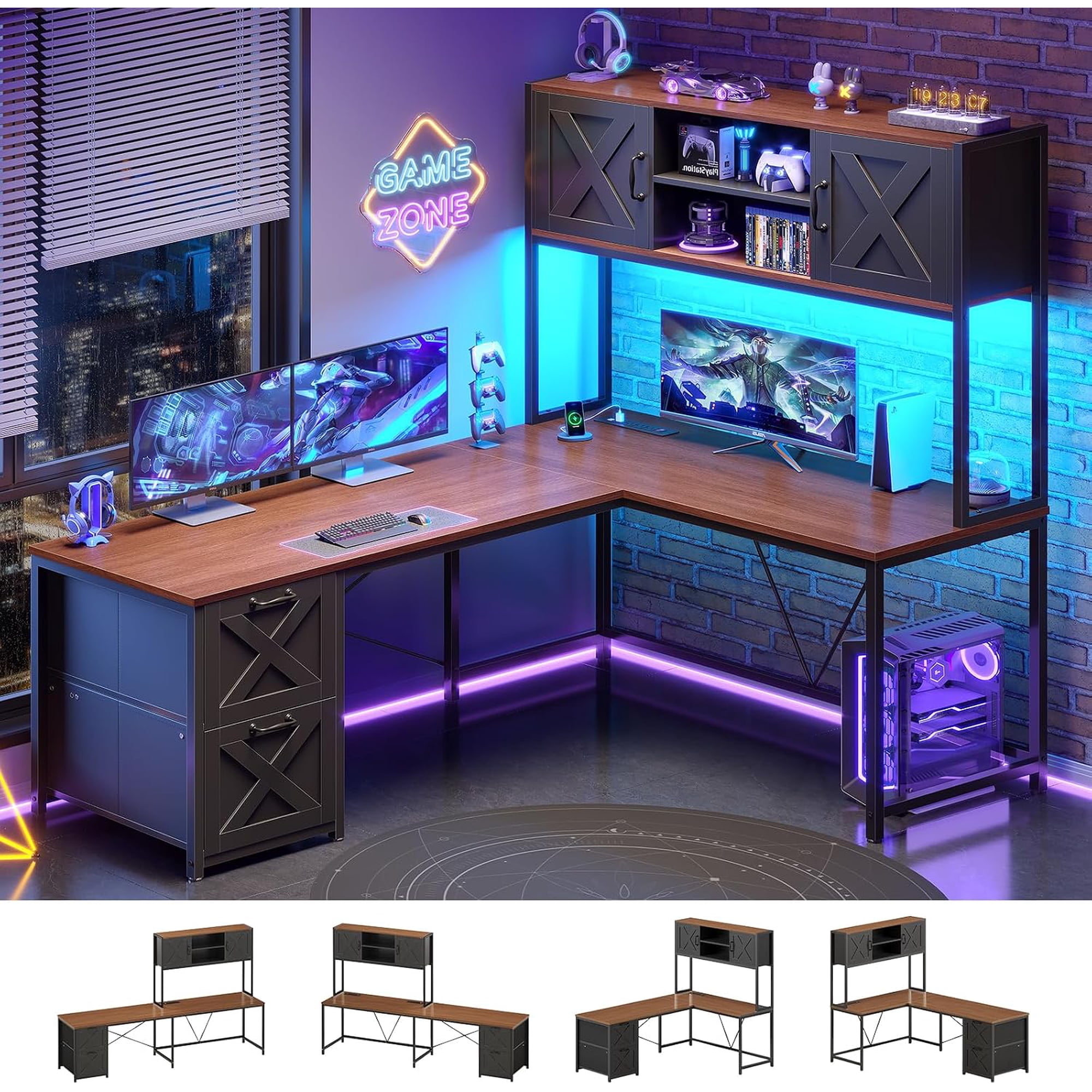 Farmhouse L Shaped Computer Desk with 2 Drawers and Storage Shelves, Reversible 86.6" Gaming Desk with LED Lights, Corner Office Desk for Home Office, Bedroom, Living Room