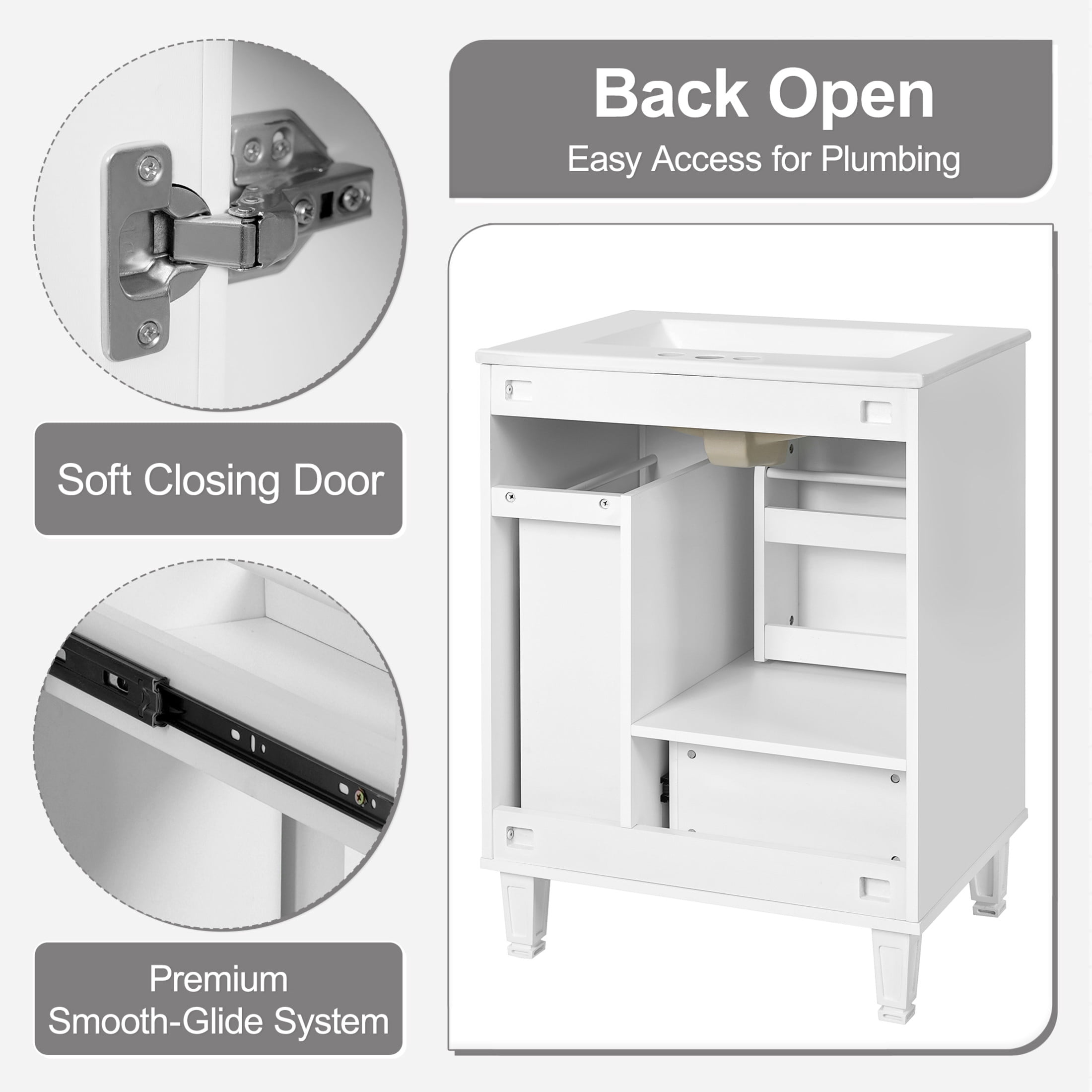 Christopher Knight Home 24" Bathroom Vanity with Sink, Soft-Close Door & Drawer, White