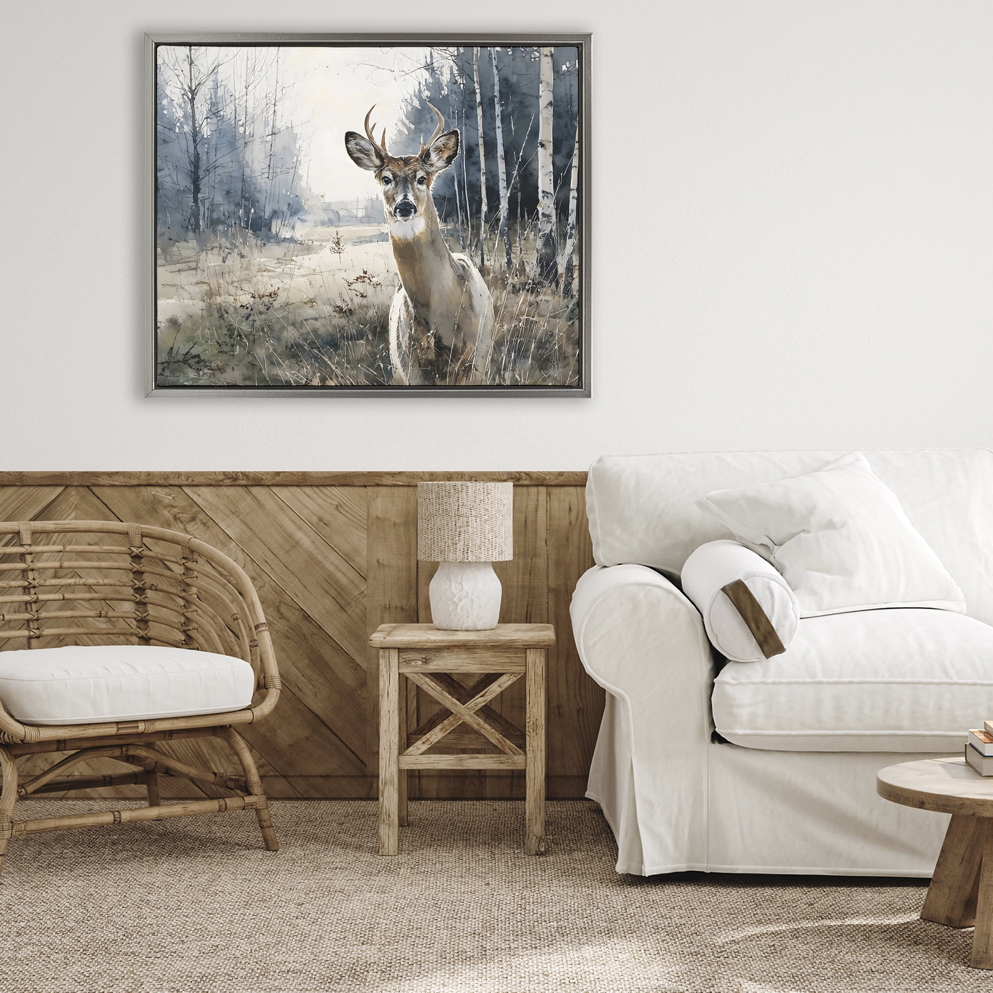 Stupell Industries Deer in Winter Wilderness Gray Framed Floater Canvas Wall Art, design by Franklyn Gregory