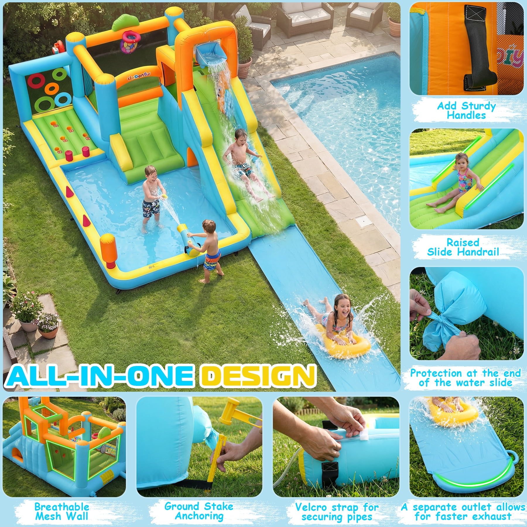 Adnoom 17-in-1 Inflatable Water Slide Bounce House for Kids 3-12, 16x11ft Large Golf Water Park with 16ft Detachable Slide, Splash Pool, Tunnel, Climbing, Jumper Castle Backyard w/550W Blower