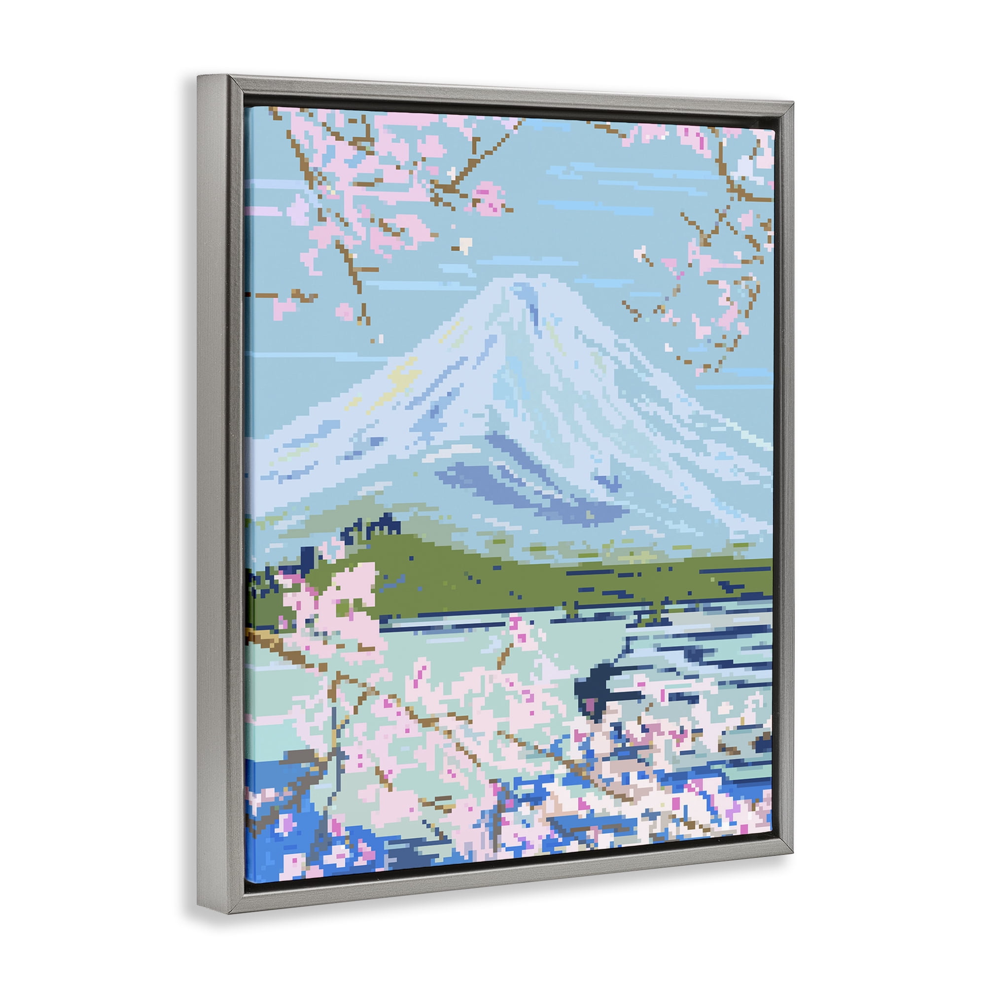 Stupell Industries Pixel Mount Fuji Landscape Painting Gray Floater Framed Art Print Wall Art, 25 x 31