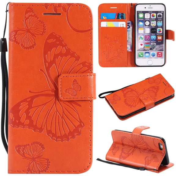 iPhone 6/6S Wallet case, Allytech Pretty Retro Embossed Butterfly Flower Design Pu Leather Book Style Wallet Flip Case Cover for Apple iPhone 6 and iPhone 6S, Orange