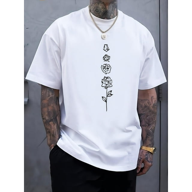 Camiseta de manga corta con cuello redondo y estampado gráfico de rosas para hombre, moderna camiseta de verano, informal y cómoda para deportes al aire libre y vacaciones. Ideal para adultos, hombres