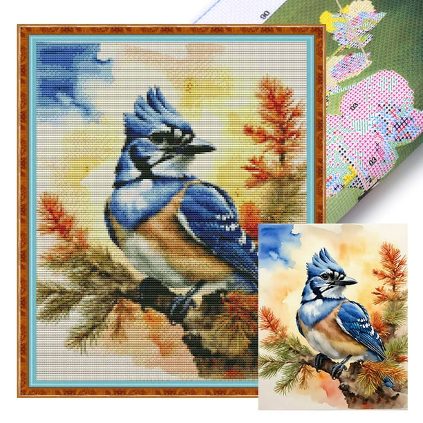 Hilo Algodón Bordado Punto Cruz Con Pájaro Del 11CT 40x50cm Azul