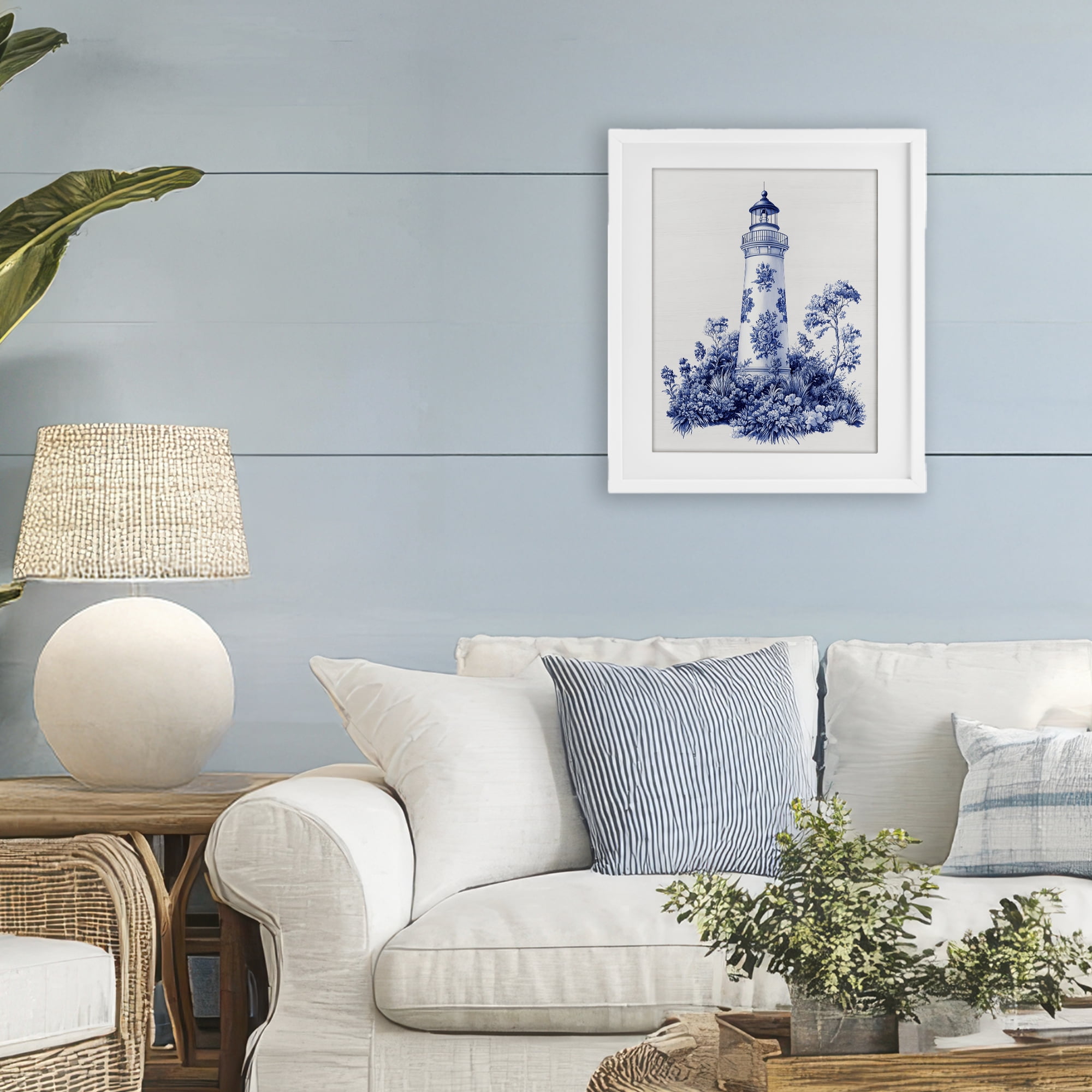 Toile Patterned Lighthouse White Framed Print Under Glass, design by Lettered and Lined
