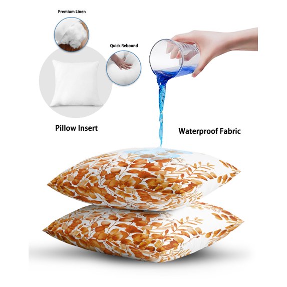 Waterproof Outdoor Throw Pillows with Inserts 18"x18", Orange Eucalyptus Leaves Soft Decorative Pillowcases for Couch Bedroom, Watercolor Spring Summer Botanical Pillow Covers for Sofa Living Room