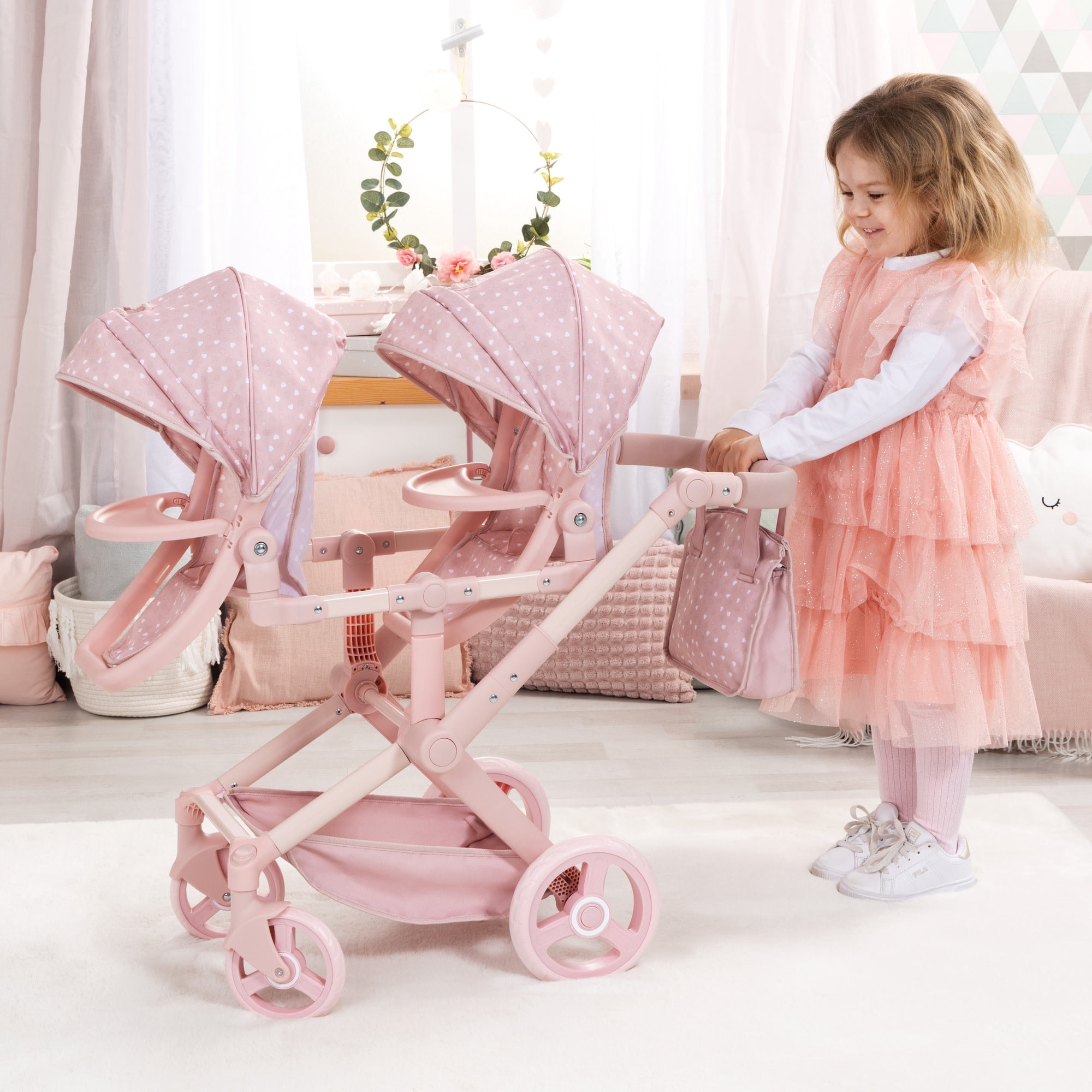 Bayer Design: Doll Pram Xeo Twin - Soft Pink & Polka Dot - Push Stroller, 2 Adjustable Seats & Handle, Handbag, Toy Accessory Fits 18" Dolls, Kids 3+