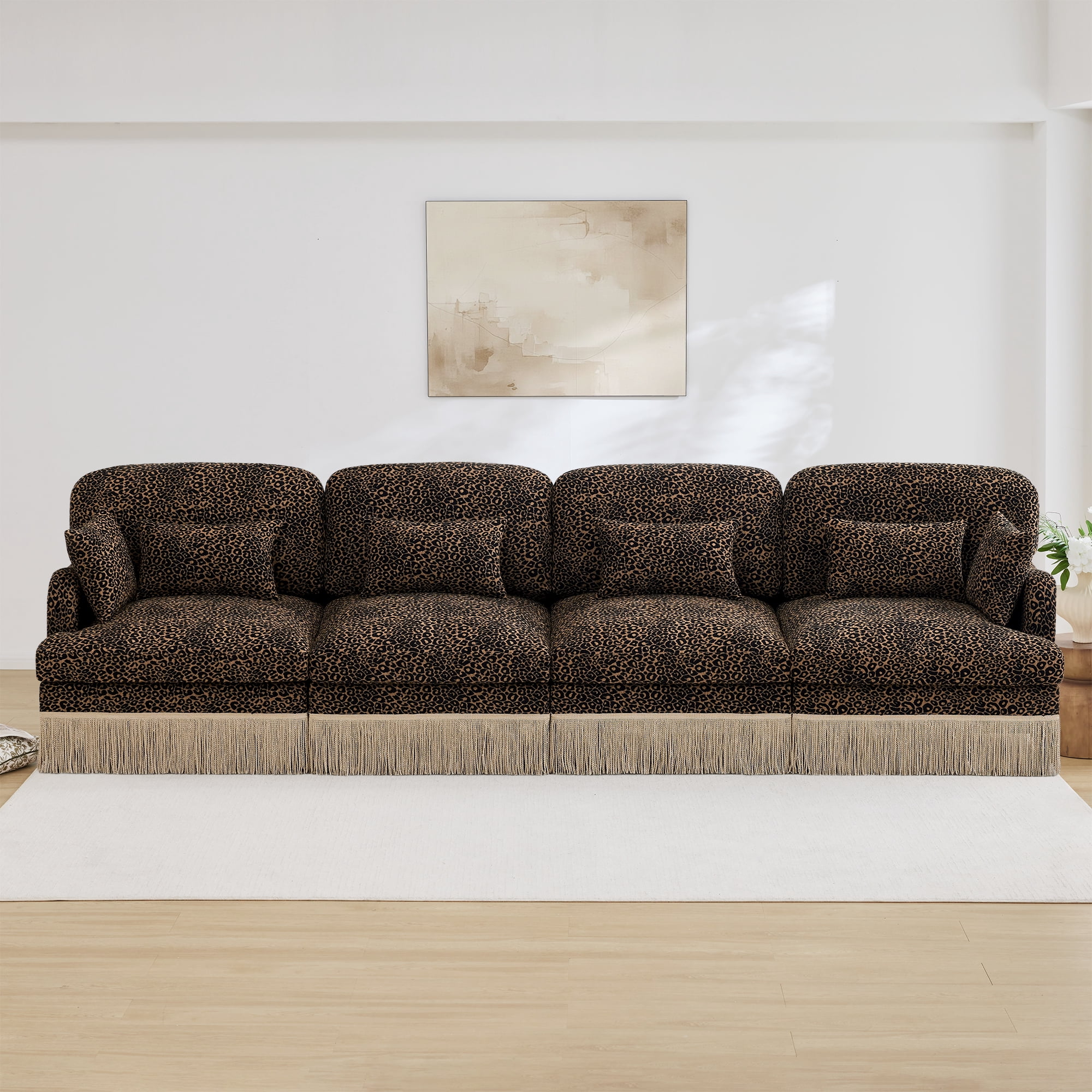 131" Chenille Leopard Tassel Deep Seat 4 Seater Sofa Couch with 6 Throw Pillows