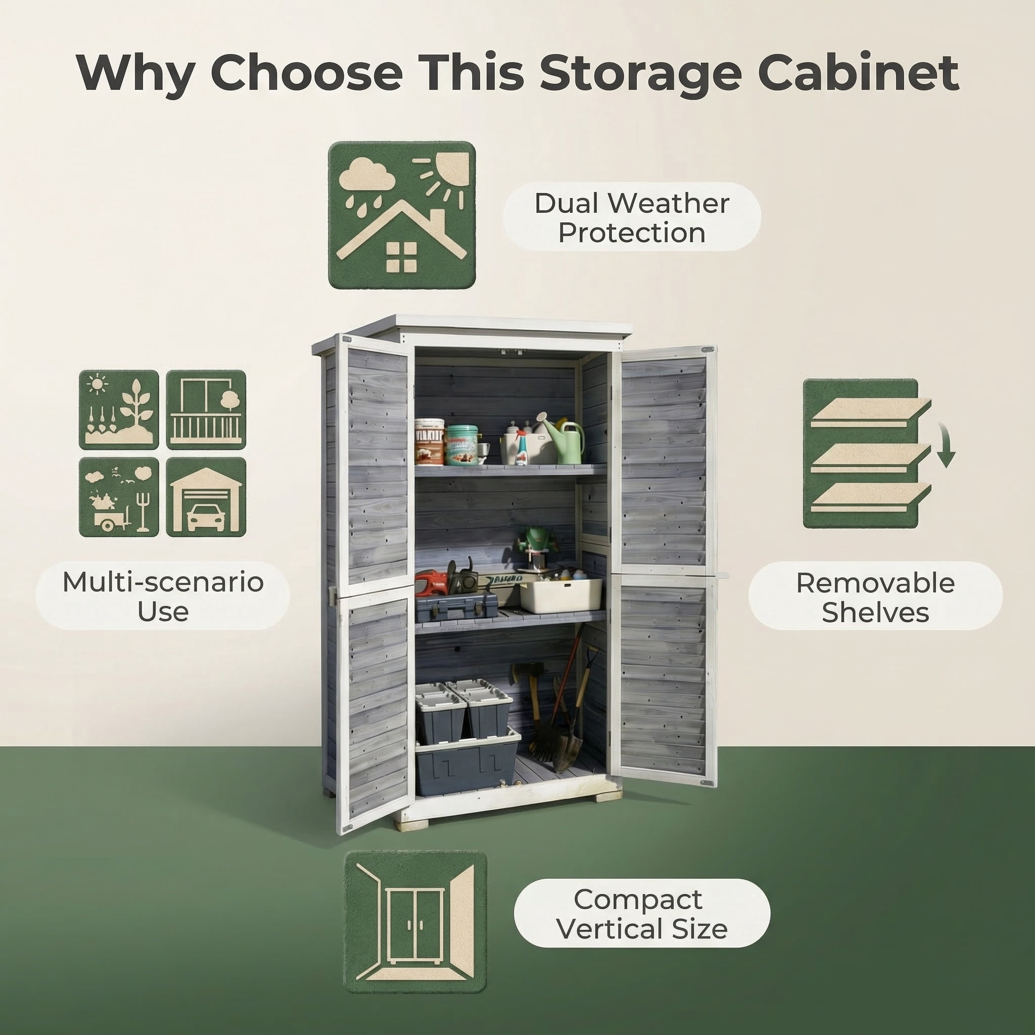 Lofka Outdoor Storage Cabinet with Floor, Vertical Wooden Tool Cabinet with Removable Shelves & Sloped Asphalt Roof for Patio Backyard Garden