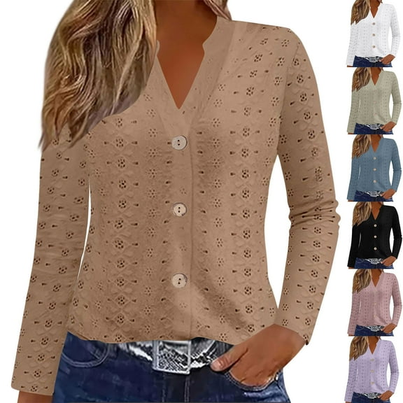 YHAJDS Womens Plus Size Tops Solid Color Hollow V Neck Button Long Sleeve Cardigan