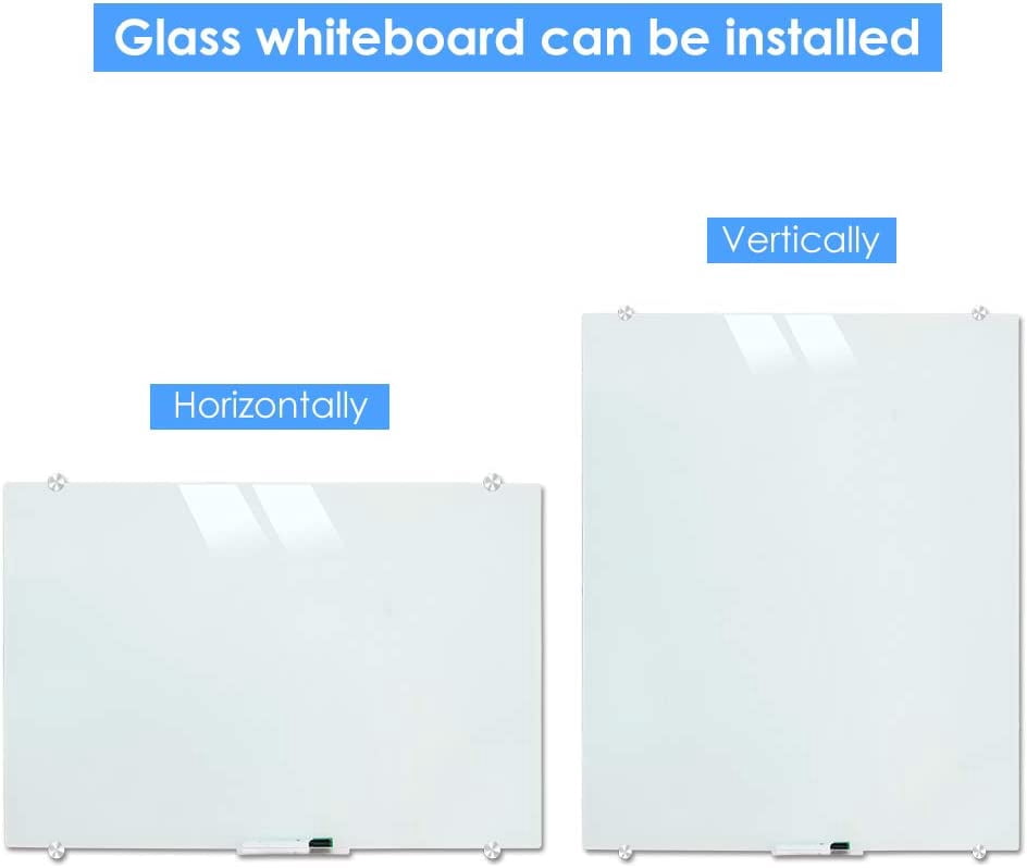 Magnetic Glass Whiteboard, 24 x 18 Inches (60 x 45 cm), Small Tempered Glass Dry Erase Board for Wall, Frameless Whiteboards with Marker Tray, 4 Markers, 2 Magnets, 1 Eraser