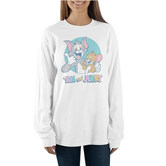Thumbs Up Tom & Jerry Classic Cartoon Juniors White Long Sleeve Tee-Medium