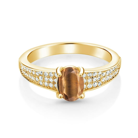 Gem Stone King 18K Yellow Gold Plated Silver Brown Tiger Eye Engagement Ring for Women (1.73 Cttw, Oval 8X6MM, Gemstone Birthstone, Size 7)