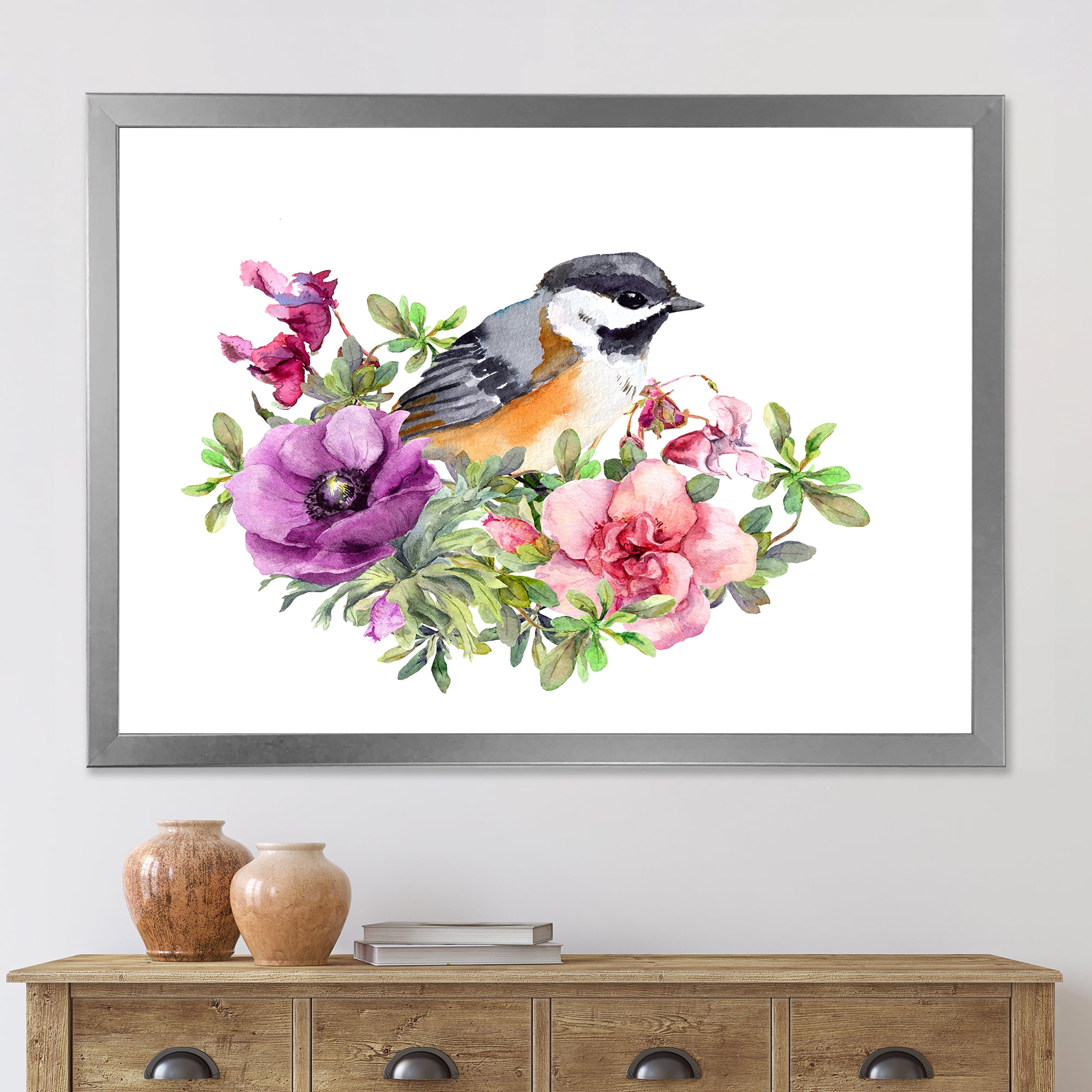 Designart 'Cute Bird In Purple and Pink Flowers' Traditional Framed Art Print